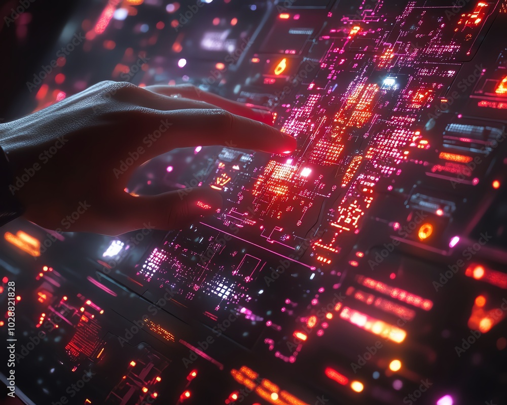 Aufkleber Hightech scene with hands controlling a holographic interface, glowing nodes symbolizing abstract AI and machine learning visualizations in a sleek design