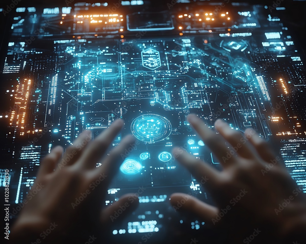 Poster Hightech scene with hands controlling a holographic interface, glowing nodes symbolizing abstract AI and machine learning visualizations in a sleek design