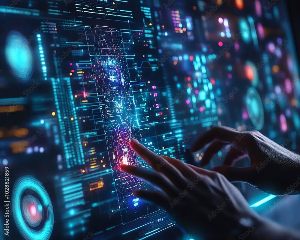 Poster Hightech scene with hands controlling a holographic interface, glowing nodes symbolizing abstract AI and machine learning visualizations in a sleek design