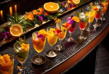 Obraz premium colorful artistic cocktail garnishes arranged elegantly chic bar surface modern touches textures, beverage, glass, fruit, herb, elegance, style, decoration