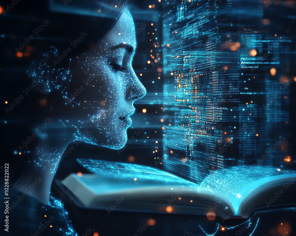 Poster Holographic book projections in a futuristic digital learning environment, with an AI tutor avatar and abstract data visualizations, sleek and modern design