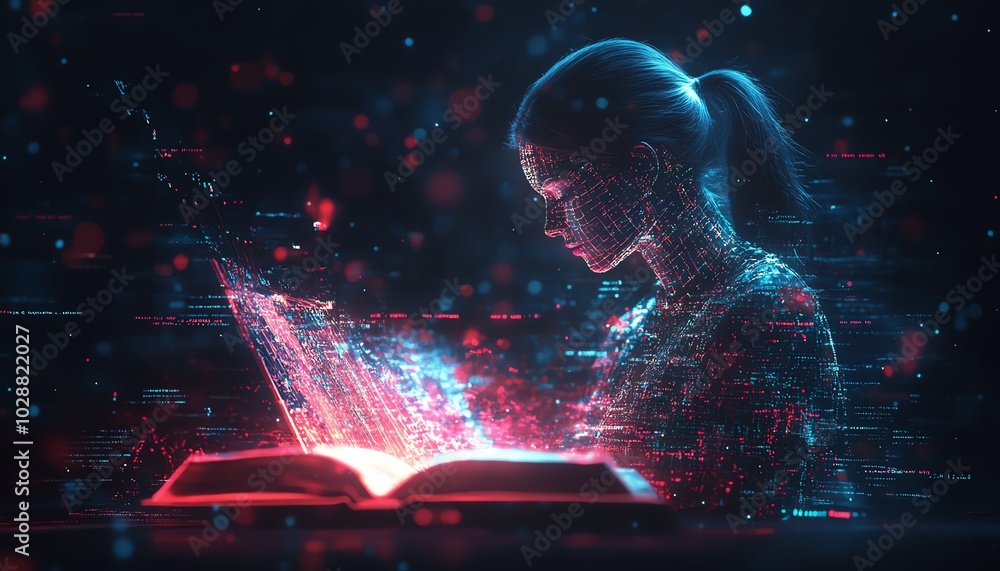 Aufkleber holographic book projections in a modern digital learning interface, with an ai tutor avatar and min