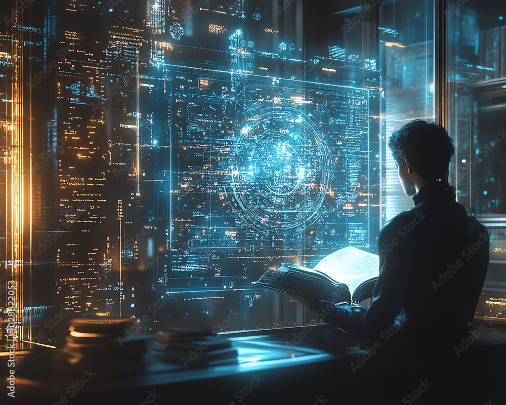 Aufkleber Holographic book projections in a futuristic digital learning environment, with an AI tutor avatar and abstract data visualizations, sleek and modern design