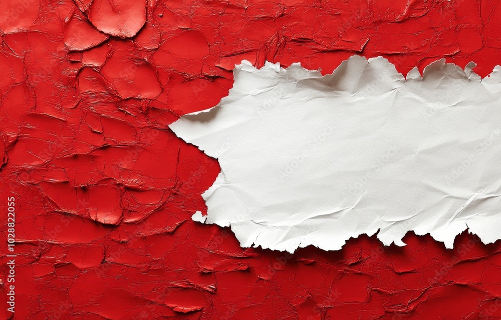 Poster abstract red artwork with a textured surface and torn paper effects on a white background