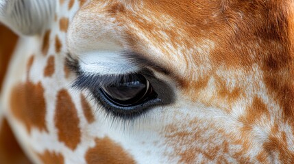 Close-up of a Giraffe's Eye with Long Eyelashes and Patterned Fur
