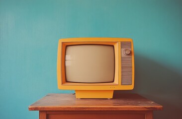 Retro yellow television set on a wooden table against a blue wall in a cozy indoor space