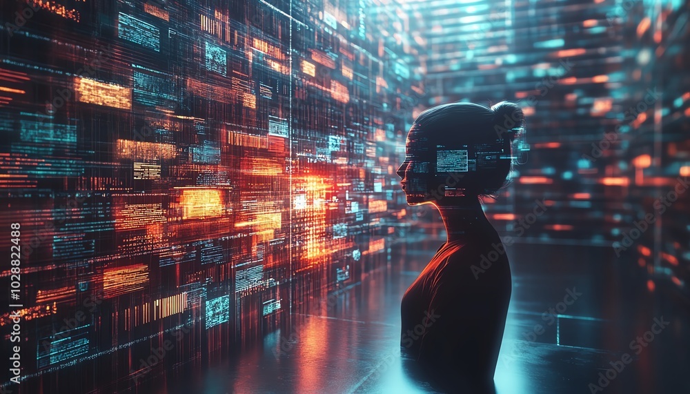 Poster sleek digital learning environment featuring holographic books, an ai tutor avatar, and dynamic abst