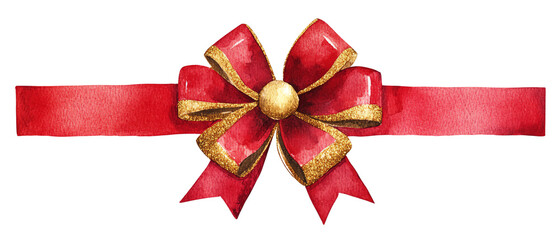 Red festive bow with gold accents, ideal for gift wrapping decorations.
