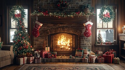 A warm fireplace is beautifully adorned with stockings and gifts, radiating holiday coziness.