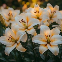 Lilies in the morning light: elegance and grace A peaceful depiction of colorful lilies blooming in the soft morning light, creating a serene atmosphere.