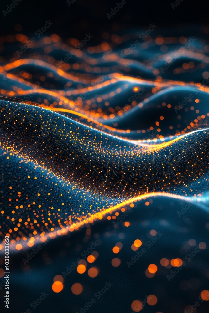 Poster abstract representation of glowing waves and particles against a dark background