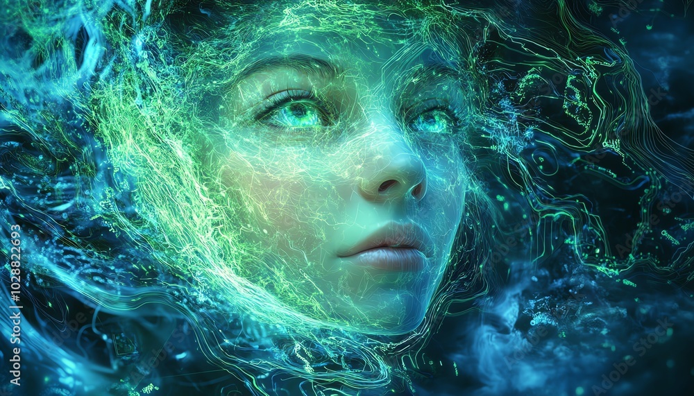 Poster ai face emerging from a mystical blue light swirl, intricate green circuits surrounding it, depth of