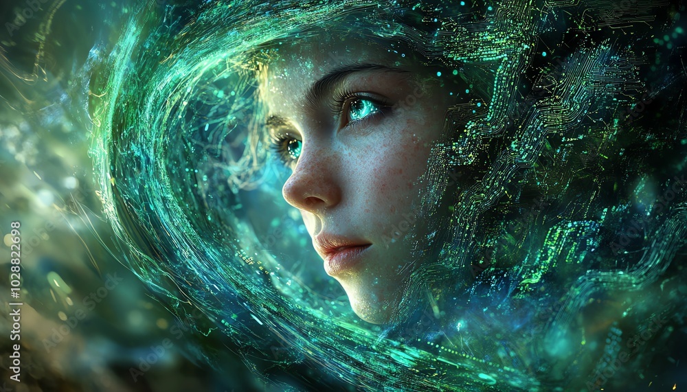 Poster ai face emerging from a mystical blue light swirl, intricate green circuits surrounding it, depth of