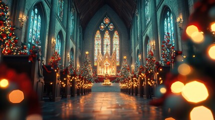 Fototapeta premium A beautifully lit church with stained glass windows creates a stunning religious Christmas background, evoking a sense of spirituality.