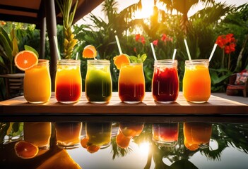 colorful refreshing frutal juices flowing vigorously clear glass containers perfect juicy summer...