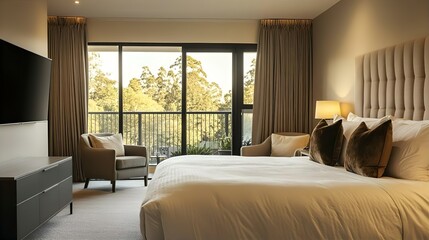 Cozy hotel bedroom with modern interior design, featuring a comfortable bed, stylish furniture, large windows, and soft lighting