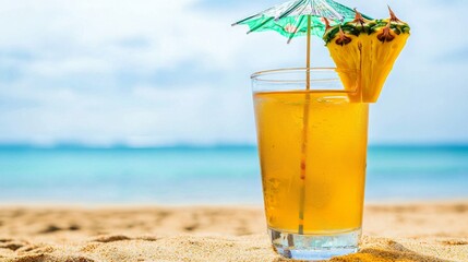 Obraz premium Tropical Refreshment. Pineapple Juice Cocktail on Sandy Beach with Sea View