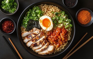 Delicious bowl of ramen topped with chicken, egg, and fresh vegetables on a dark table setting