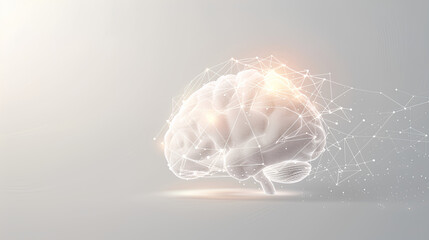 A white glowing brain with neural connections on light grey background, AI concept. White transparent cloud in the air with copy space area.