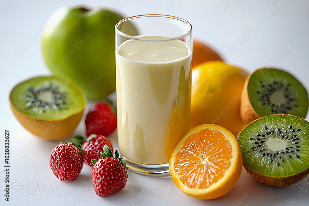Poster fresh fruit smoothie with an array of colorful fruits on display