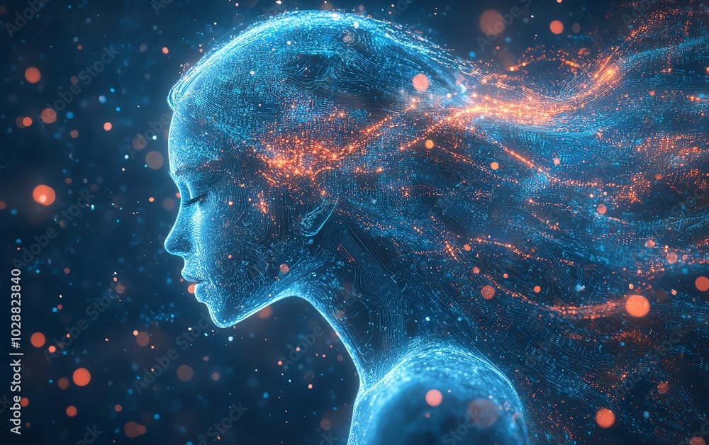 Aufkleber Digital cosmos showcasing an ethereal AI entity, illuminated by glowing circuits and neural network tendrils, with abstract data streams in a futuristic interface
