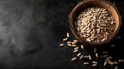 A visually appealing composition featuring shelled sunflower seeds arranged on a dark background