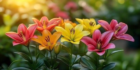 Fototapeta premium Lilies in the morning light: elegance and grace A peaceful depiction of colorful lilies blooming in the soft morning light, creating a serene atmosphere.