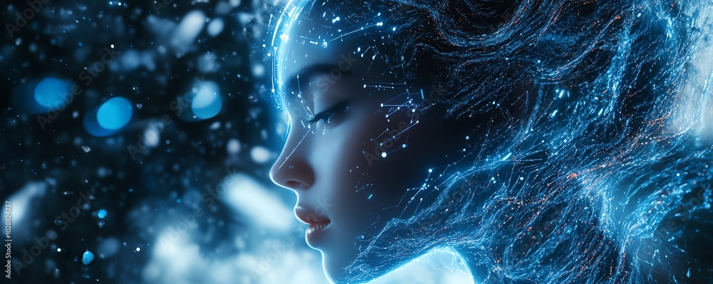 Leinwandbilder ethereal ai being rising from a digital universe, enveloped in glowing circuits and neural network t