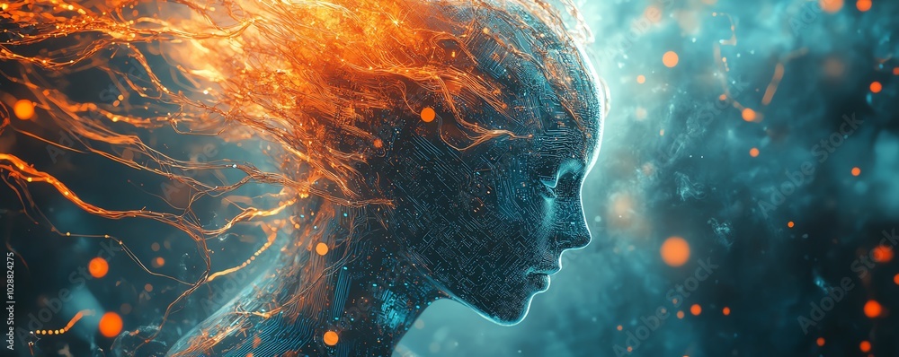 Fototapete ethereal ai being rising from a digital universe, enveloped in glowing circuits and neural network t