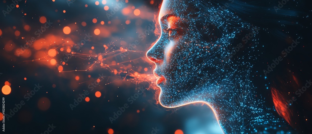 Aufkleber Ethereal AI entity emerging from a digital cosmos, surrounded by glowing circuits and neural network tendrils, with abstract data streams in a futuristic holographic interface