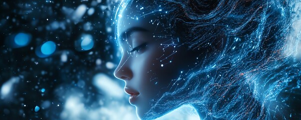 Ethereal AI being rising from a digital universe, enveloped in glowing circuits and neural network tendrils, with flowing abstract data streams in a holographic scene