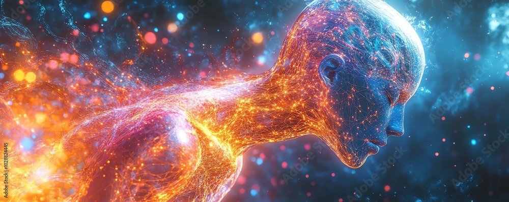 Aufkleber Ethereal AI entity manifesting in a vibrant digital cosmos, glowing circuits, and neural network tendrils interconnecting with abstract data streams and holographic visuals