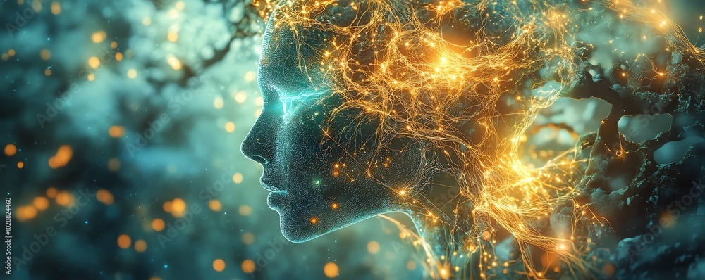 Fototapete Ethereal AI entity manifesting in a vibrant digital cosmos, glowing circuits, and neural network tendrils interconnecting with abstract data streams and holographic visuals