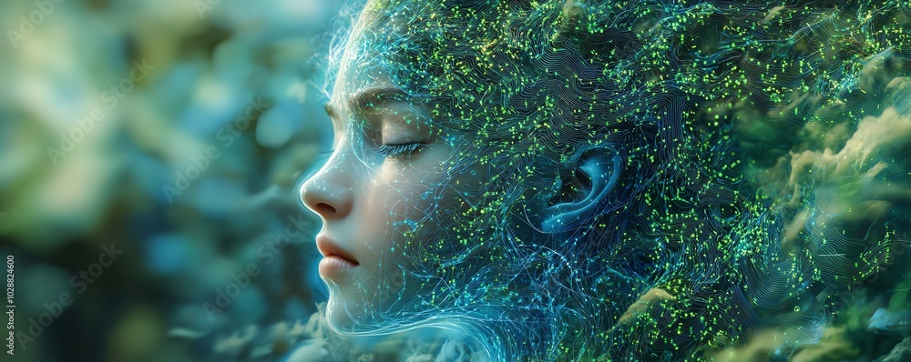 Poster Ethereal AI face emerging from swirling blue light tendrils, surrounded by intricate green circuit patterns, depth of field blur, creating a surreal digital portrait