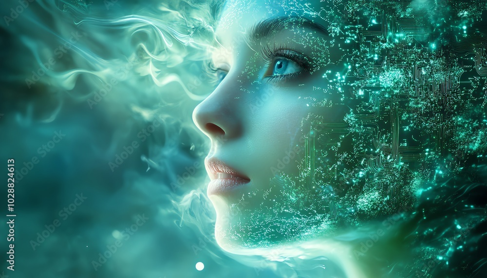 Poster ethereal ai visage rising from swirling blue light, intricate green circuits enveloping it, with a d