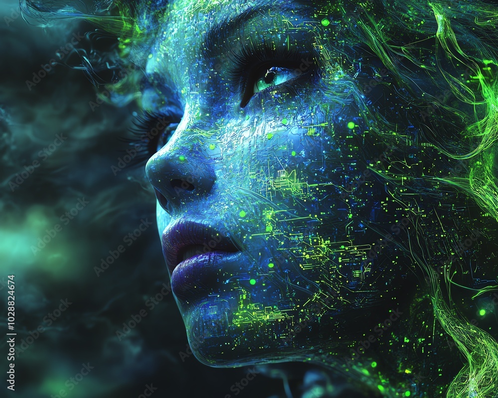 Poster ethereal face of an ai emerging from flowing blue light tendrils, with complex green circuit pattern