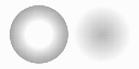 Circle dot frame. Circular border with halftone effect. Modern faded ring. Rounded semitone shape. Ballpoint boarding house. Dotted geometric pattern