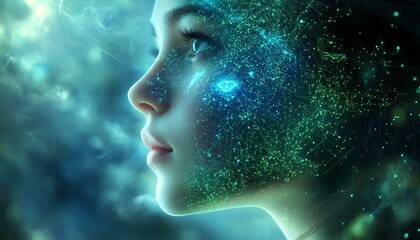 Obraz premium Ethereal AI visage rising from swirling blue light, intricate green circuits enveloping it, with a dreamy depth of field blur for a surreal digital portrait