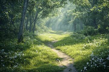 Fototapeta premium Serene pathway through a lush green forest at dawn