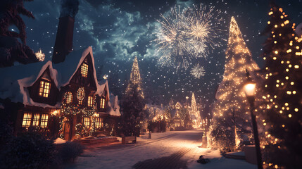 A festive winter wonderland adorned with sparkling lights and fireworks illuminating the night sky