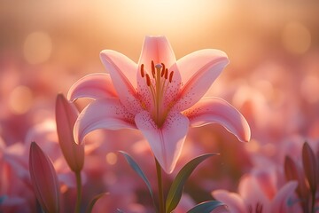 Lilies in the morning light: elegance and grace A peaceful depiction of colorful lilies blooming in the soft morning light, creating a serene atmosphere.