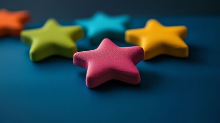 Obraz premium A vibrant arrangement of colorful star-shaped objects on a smooth surface, perfect for playful and creative themes.