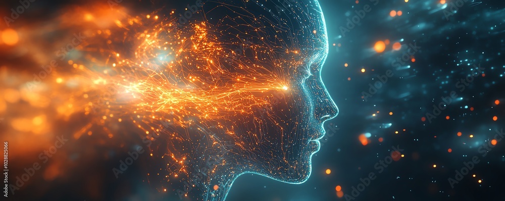 Poster Futuristic AI entity rising from the digital cosmos, glowing circuits and neural network tendrils weaving through abstract data streams in a holographic environment