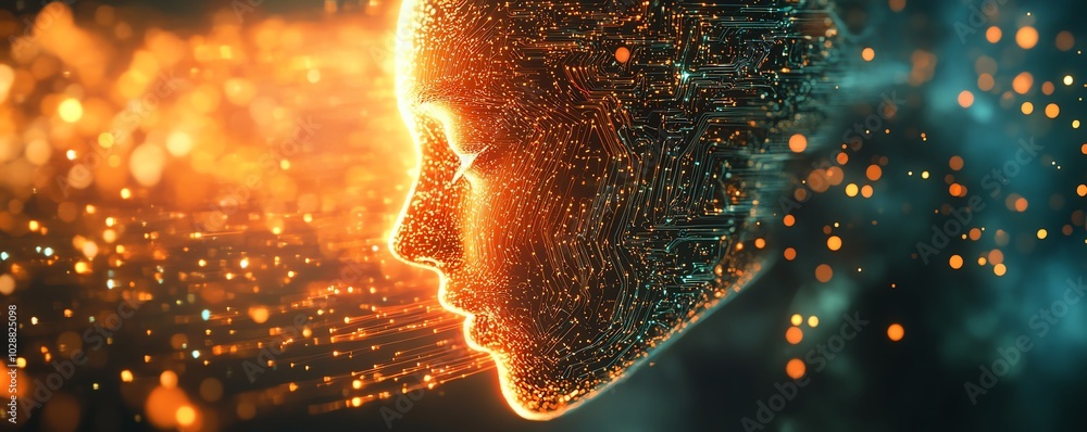 Poster Futuristic AI entity rising from the digital cosmos, glowing circuits and neural network tendrils weaving through abstract data streams in a holographic environment