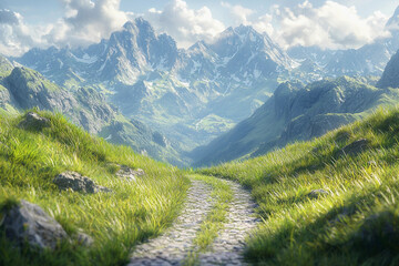 Fototapeta premium A winding path through lush green hills leading to majestic mountains