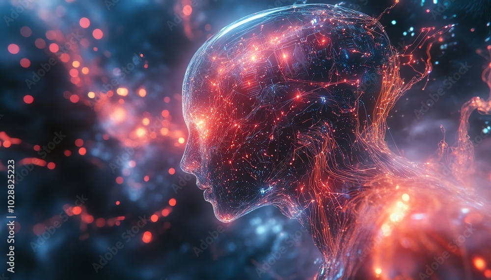 Poster Futuristic digital universe with an ethereal AI entity, glowing circuits and neural network tendrils, interacting with abstract data streams in a sleek holographic interface