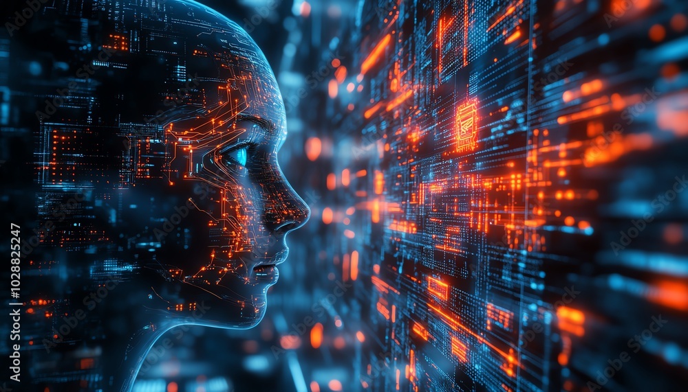 Fototapete Futuristic digital universe with an ethereal AI entity, glowing circuits and neural network tendrils, interacting with abstract data streams in a sleek holographic interface