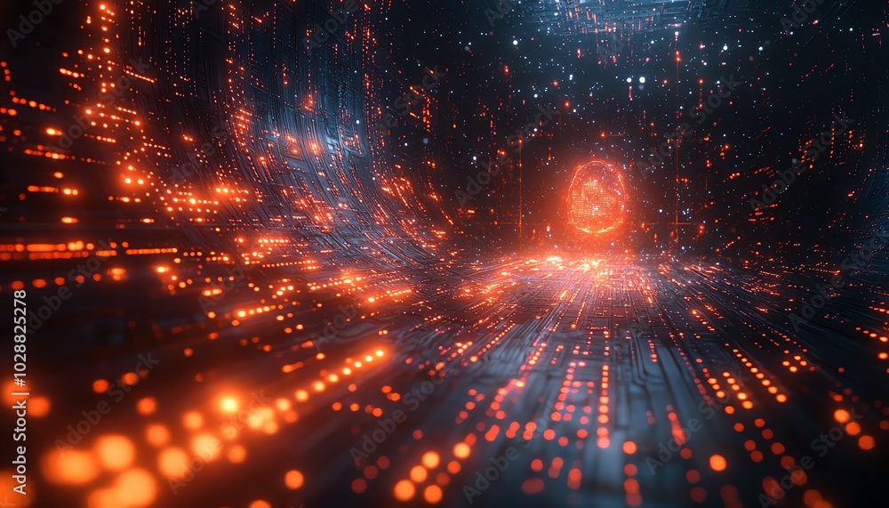 Aufkleber Futuristic digital universe with an ethereal AI entity, glowing circuits and neural network tendrils, interacting with abstract data streams in a sleek holographic interface