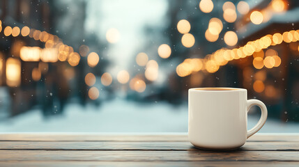 Obraz premium A cozy white mug sits on a wooden table, surrounded by blurred festive lights in a winter setting, creating a warm and inviting atmosphere perfect for enjoying hot beverages.