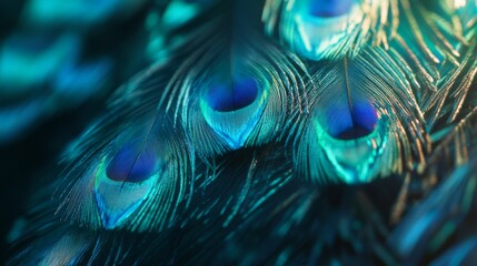 Close-up of iridescent peacock feathers with blue and green hues